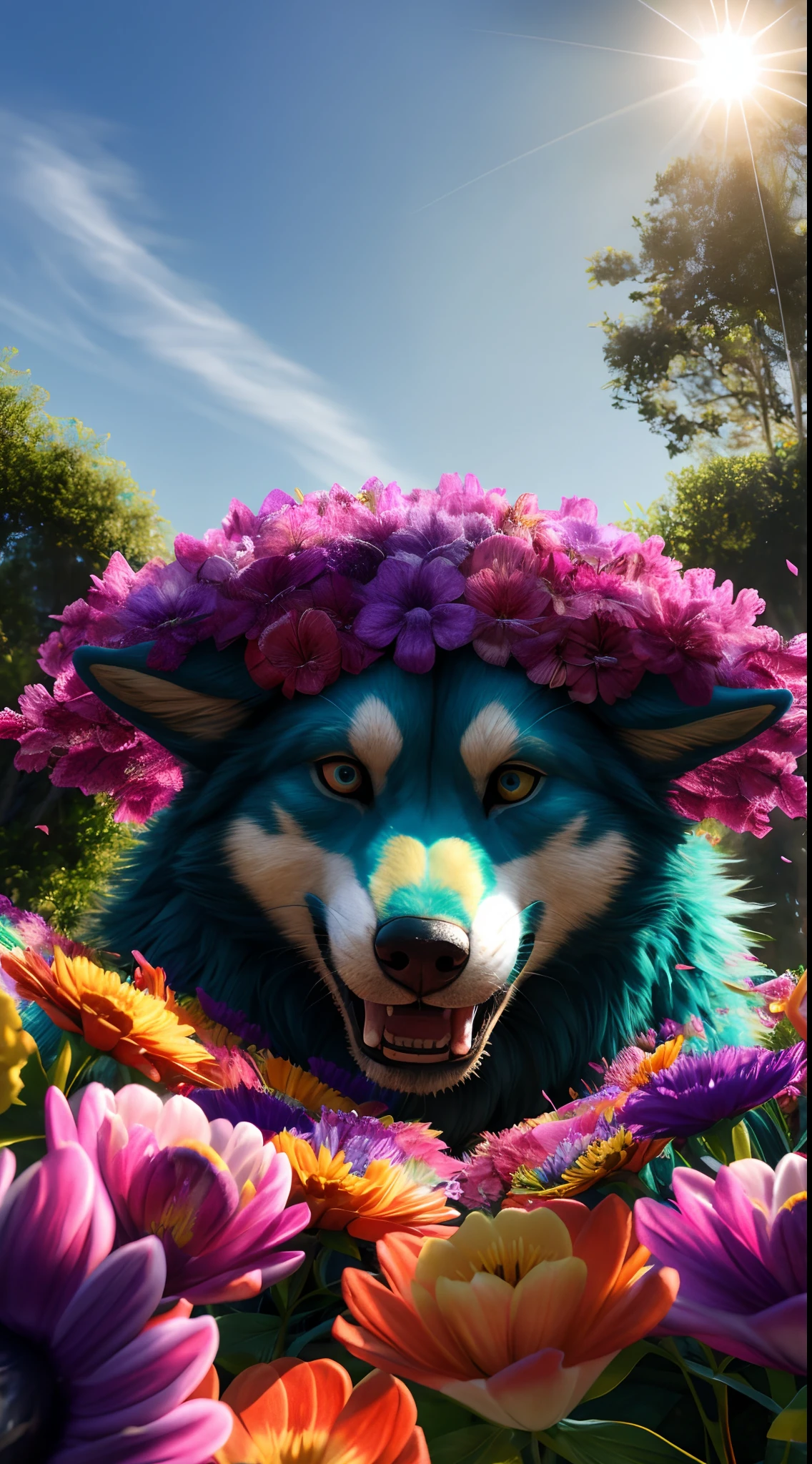 "Death Wolf as a whimsical flower fairy"his pupils are dark and red,  his teeth are full of  flower petals, flower hair accessories,  half-length body shot, floating, flying,  fairy wings, flower fairy, 4D ULTRA HD 8K, hyper-realistic cgi, photorealistic, high detail, realistic:1.5, masterpiece, absurdres, best quality, HDR, high quality, high-definition, extremely detailed, 8k wallpaper, intricate details, 8K uhd, Full-HD, (realistic photo:1.9), harsh lighting, cinematic lighting, natural lighting, hard light, teal lighting, global illumination, ambient occlusion, depth of field, Field of View, lens flare, stunning environment, complex flower field background, complex and intricate subject, morning dew, water on lense effect