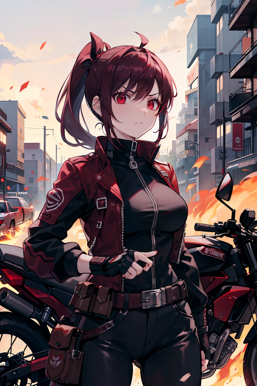 ((Burgundy ponytail)), red eyes, frustrated face, tactical motorcycle outfit, motorcycle, mechanic, fingerless gloves, lush hips, silver belts, silver straps, buckles, guns, machine gun on her back, fire, balls of fire floating around her, in a city with lava
