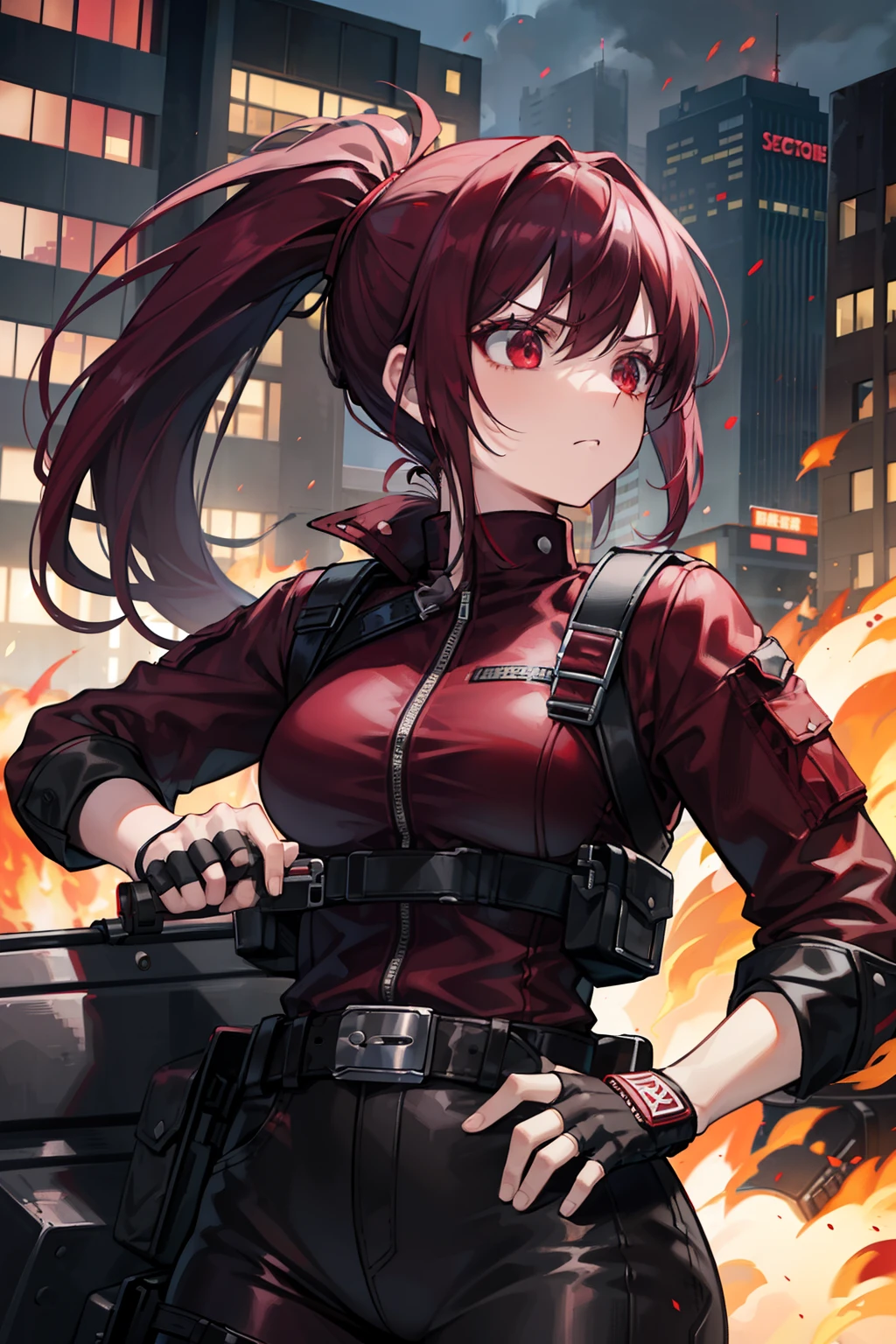 ((Burgundy ponytail)), red eyes, frustrated face, tactical motorcycle outfit, motorcycle, mechanic, fingerless gloves, lush hips, silver belts, silver straps, buckles, guns, machine gun on her back, fire, balls of fire floating around her, in a city with lava