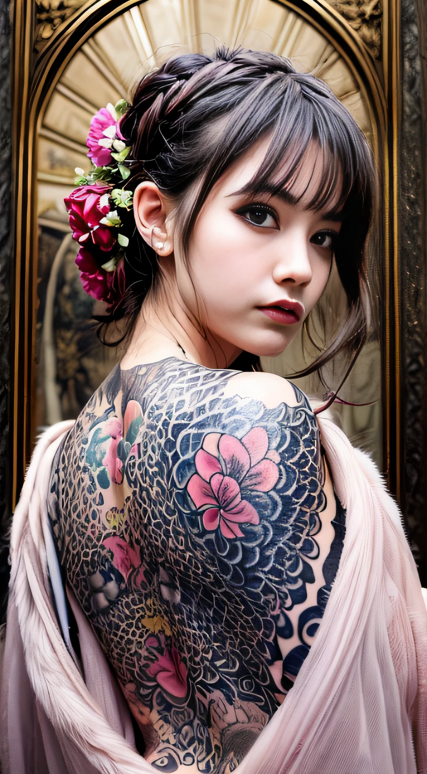 (masterpiece, top quality, best quality, official art, beautiful and aesthetic:1.2),1girl, tattoo, solo, japanese clothes,  hair ornament, unsheathing, black hair, sheath, back tattoo, blue eyes,  off shoulder, bare shoulders, looking back, from behind, flower, looking at viewer,  holding, makeup,
indoor,