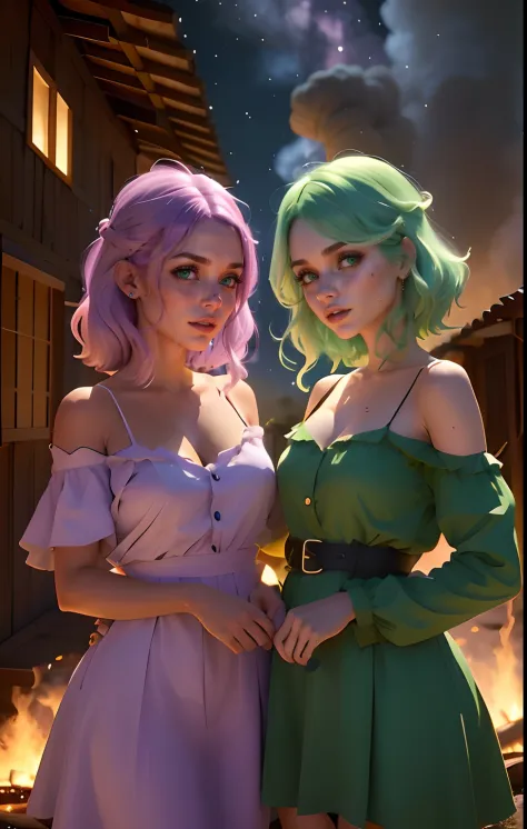 melhor qualidade, realista. 2 garotas de costas uma para a outra, a girl has lilac hair. A outra garota tem cabelos verde/verde:...