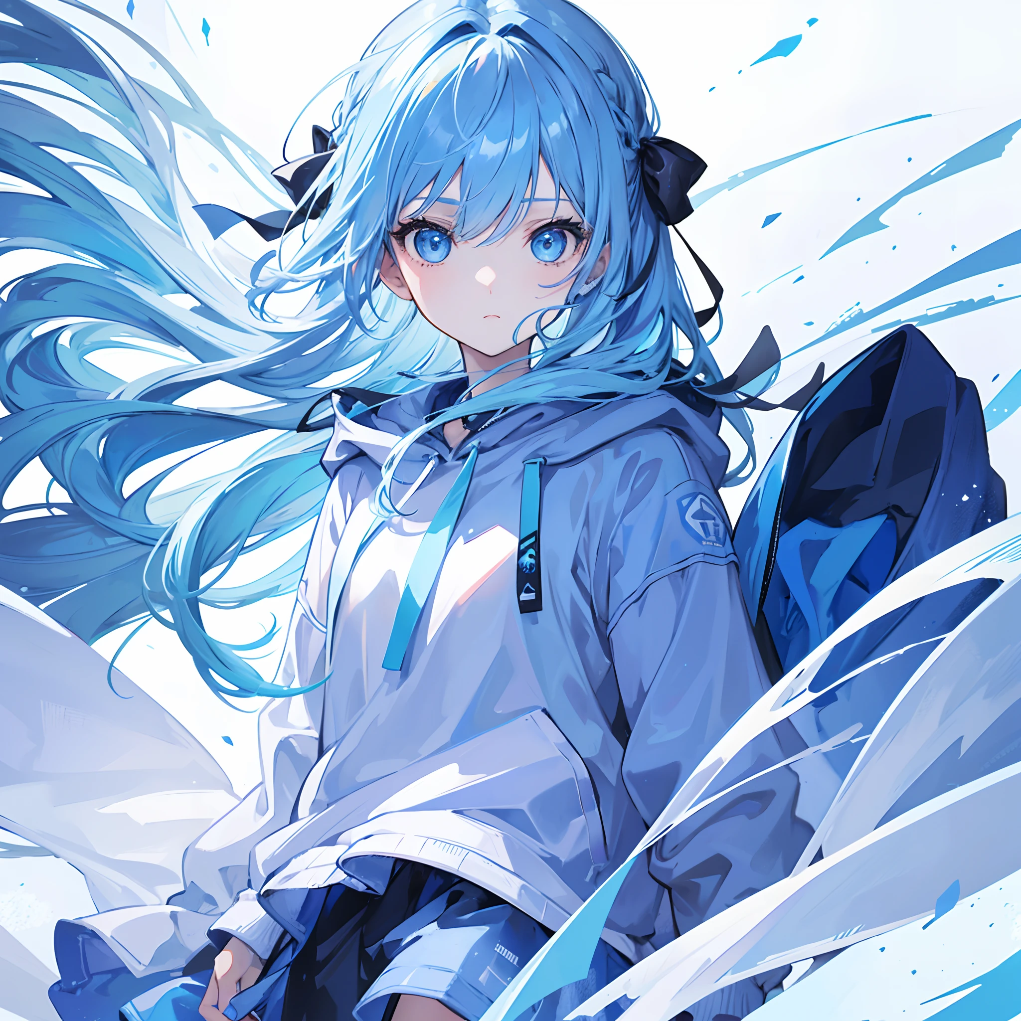 1girl, with light blue hair and blue eyes, wearing a hair ribbon and a blue and white hoodie. The scene is set in winter, with the girl looking directly at the viewer. This image can be used as a profile picture.