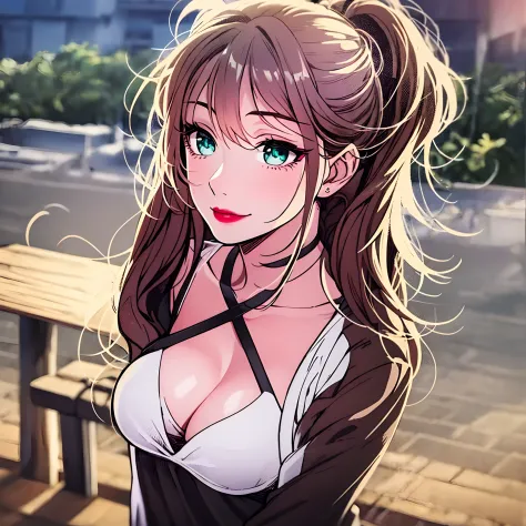 anime style, cel shading of a woman, alone on a park bench, (mature face:1.4), stunning luminous eyes, looking upwards, naughty top blouse open, under tight chest-straps, over small breasts exposed, bending forward, arms back tied,  uncovered, long hair co...