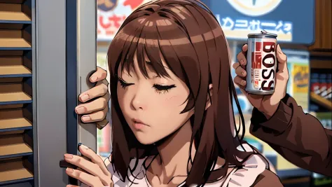 animesque、delicate、brown hair、canned coffee with milk、kawaii girl