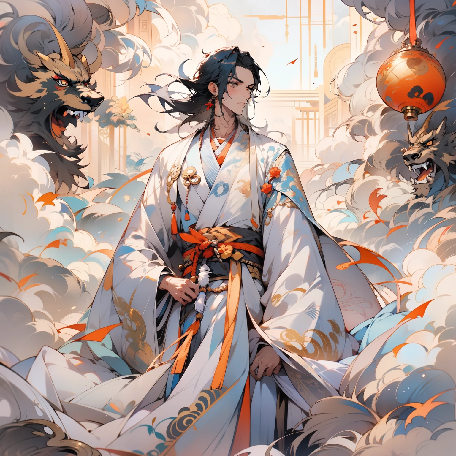 One wears a pure white Taoist robe painted with black talismans，A small red gourd is pinned to his waist，One hand attached，Do a one-handed pinch with the other hand，Step on a domineering floating spaceship，Driving above the sky，The surrounding clouds are shrouded，Black hair and golden eyes，Long hair and waist，The feminine beauty of a handsome guy exuding from the shawl，The background has a very oppressive feeling，The lines are clearly outlined