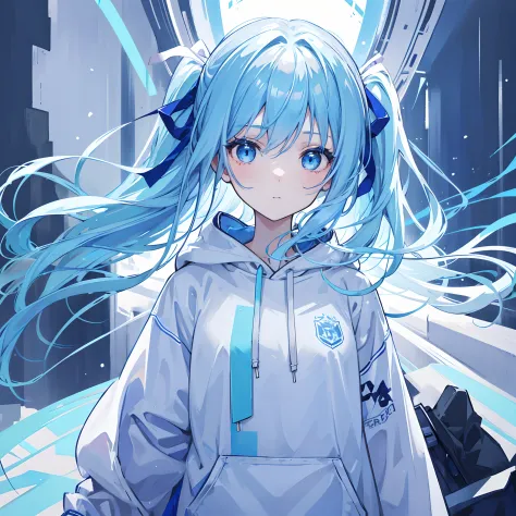 1girl, with light blue hair and blue eyes, wearing a hair ribbon and a blue and white hoodie. The scene is set in winter, with the girl looking directly at the viewer. This image can be used as a profile picture.