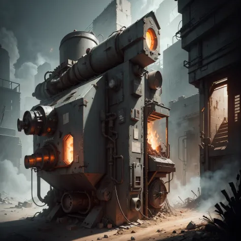 Furnace Machine , Sketch, hand drawn, dark, gritty, realistic sketch, Rough sketch, mix of bold dark lines and loose lines, bold lines, on paper, furnace machine sheet, furnace Machine, Full body covered in metal, slik, sci-fi, ghostly theme, (((items and ...