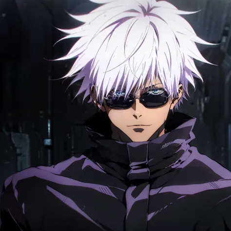 ((Best quality)), ((masterpiece)), ((realistic)),  Satoru Gojou, boy,messy spiky white hair, light blue eyes, purplish black sui...