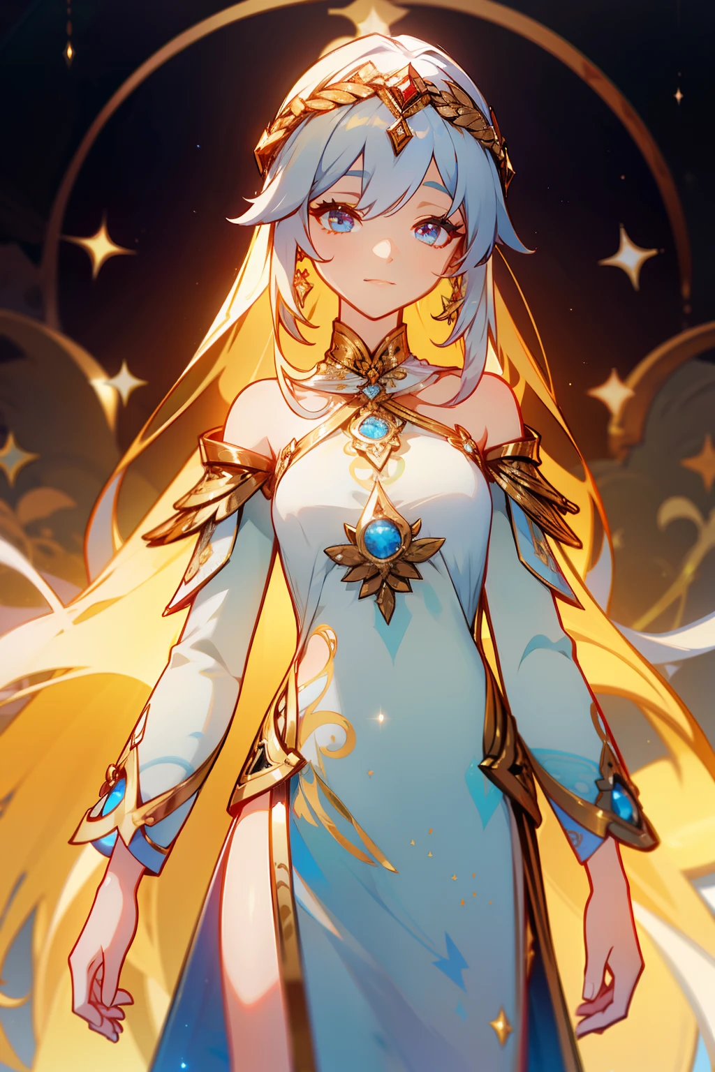 Aeliana is an ethereal-looking goddess with shimmering golden hair that cascades to her shoulders. His eyes are a piercing silver tone that reflects his deep knowledge. He wears a white silk tunic with golden embroidery that symbolizes the stars and illumination. His presence radiates a sense of calm and wisdom.