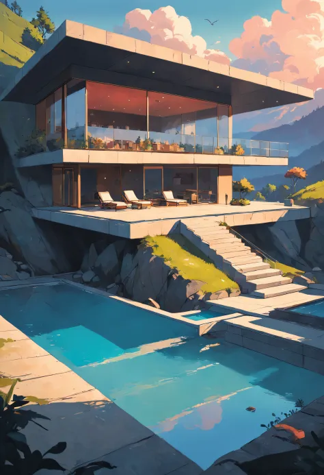 (((An amazing house))), (minimalism and brutalism style influence), (((with terraces))), (beautiful gardens), ((pool)), ((in top of big boulders)), (in edge of a river), sunset, big, deep and beautiful clouds, illustration format, cool and warm color palet...