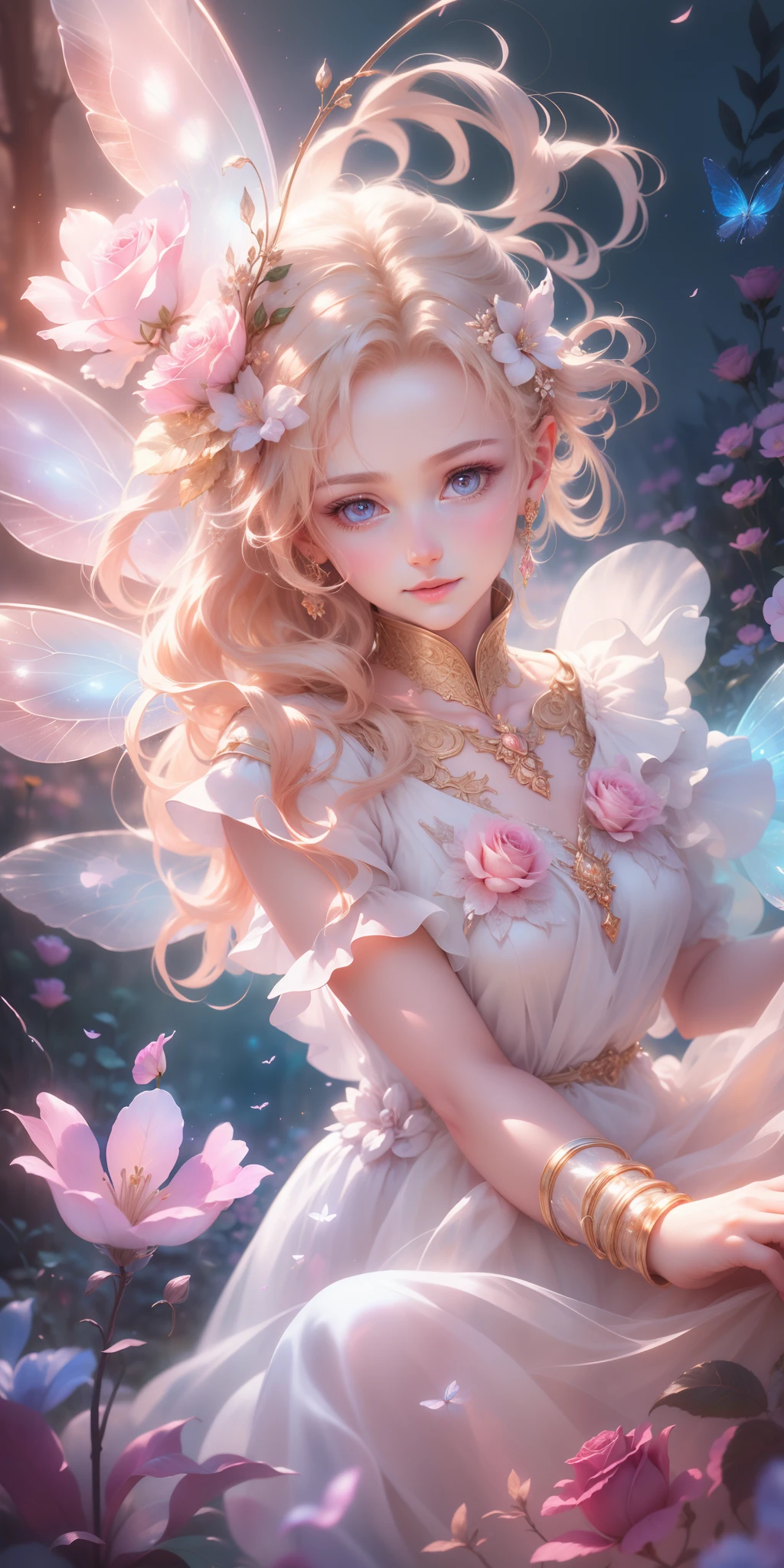 Beautiful transparent flower fairy baby, Transparent colorful wings, The wand flutters in the wind､The wand flashed with starlight，Golden wand，Beautiful blue sky and white clouds、Girls have transparent wings､kindly smile､Beautiful garden background､Gentle and transparent，anatomy correct, Delicate pattern，Pink rose space, Soft lighting, ( Bokeh)，Masterpiece, Super detailed, Epic composition, Highest quality, 8K，Epic romantic fantasy digital art，Epic fairy tale fantasy digital art，Mythological fantasy，UHD resolution，Detailed detail drawing，realisticlying，Very realistic，cinmatic lighting,an award winning photograph,rich colours，hyper realistic lifelike texture，dramatic  lighting