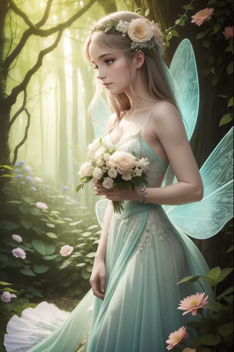 Craft an enchanting image featuring a floral fairy as the central focus. Picture a whimsical woodland scene where vibrant blooms...