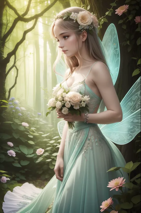 craft an enchanting image featuring a floral fairy as the central focus. picture a whimsical woodland scene where vibrant blooms...