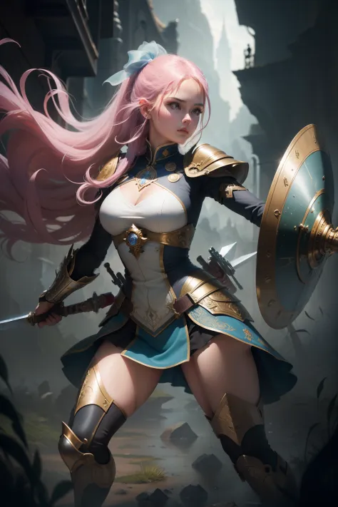 There is a woman in armor with a sword and a helmet, pink hair, Epic Fantasy  Digital Art Style, Fantasy Art Behance, Epic Fantasy Art Style HD - SeaArt  AI