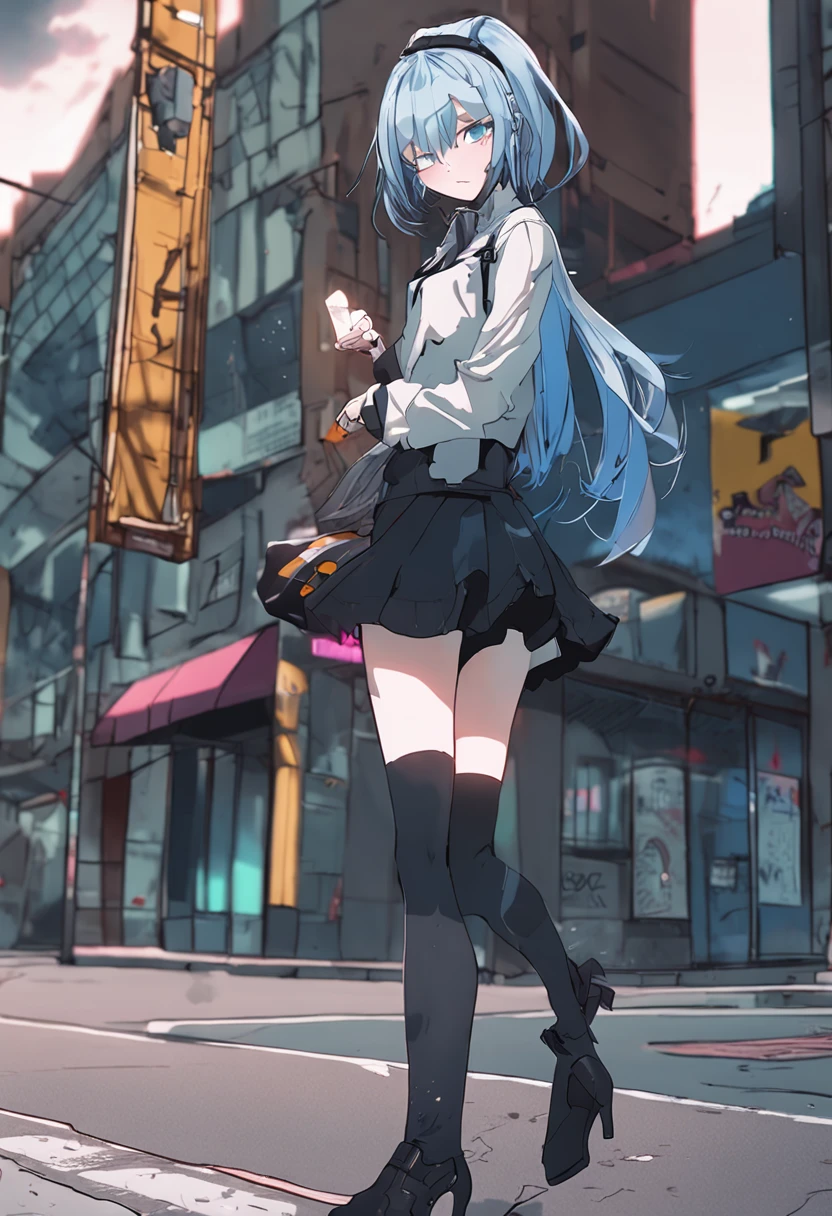 Anime girl in a short skirt and boots standing on a city street - SeaArt AI