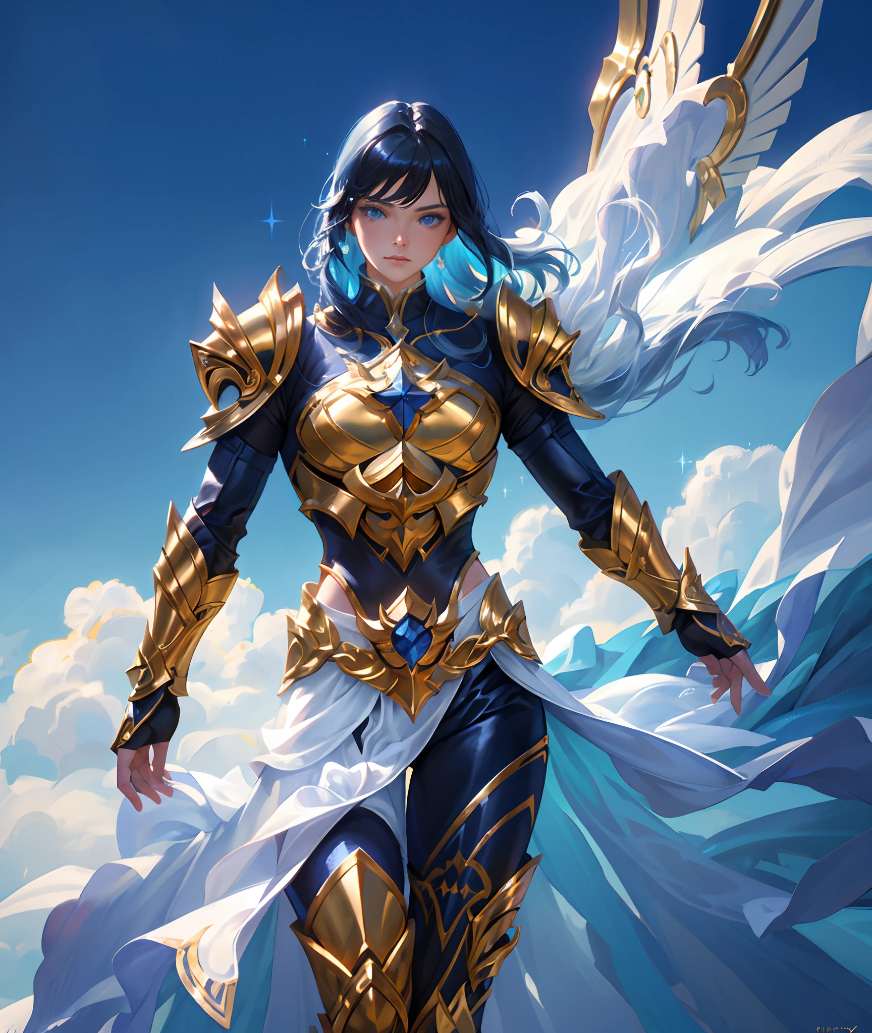 Ultra-high saturation，（tmasterpiece）， fully body photo，（best qualtiy）， （1girll）， starryskybackground，Wearing shiny gold armor， Sexy lingerie type armor，Expose your chest，Expose the waistline，Exposing thighs，cool-pose， Saint Seiya Armor， messy  hair，high detal, Anime style, Cinematic lighting, Sparkle, god light, Ray traching, filmgrain, hyper HD, textureskin, super detailing, Anatomical correct, A high resolution，Ultra-high saturation，hight contrast，High-gloss armor，Smooth skin，Serious expressions,Dark room,