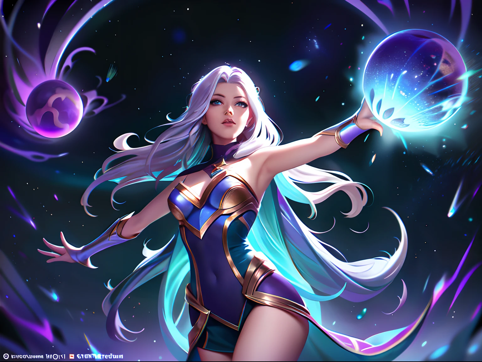 (League of Legends:1.5),Astrid, the Graviton Slinger, is depicted in her splashart as a powerful and enigmatic force, wielding her gravitational manipulation abilities with mastery. The scene takes place in a celestial realm, where stars and cosmic energy illuminate the vastness of space.

Astrid possesses an otherworldly beauty, with flowing silver-white hair that seems to shimmer with the brilliance of distant stars. Her skin has a faint celestial glow, radiating with the power she commands. She wears a sleek, futuristic suit adorned with intricate patterns that resemble constellations and gravitational fields. The suit hugs her figure, emphasizing her strength and agility.

In the center of her palms, Astrid generates orbs of gravitational energy, each pulsating with vibrant hues of purple and blue. These energy orbs form the foundation for her gravitational abilities. Surrounding her, smaller orbs and filaments of energy spin and orbit, representing the gravitational fields she creates and manipulates.

Astrid's eyes emit an intense, piercing gaze, glowing with the same gravitational energy that courses through her. Her expression conveys both focus and determination, revealing her unwavering control over the forces she wields.

The backdrop of the splashart showcases the vast expanse of space, filled with distant galaxies and nebulae. Ethereal strands of gravitational energy weave through the cosmos, forming intricate patterns and connecting celestial bodies. The scene creates a sense of awe and wonder, as Astrid harnesses the fundamental forces of the universe.

The color palette is dominated by deep purples, blues, and blacks, reflecting the cosmic nature of Astrid's powers. The vibrant energy orbs stand out against the dark backdrop, adding a dynamic and captivating element to the splashart, splashart, linhas de corpo, cores vibrantes, detalhes requintados, cinemactic, artstation, rosto detalhado, por rossdraws, por Kienan Laf,normal hands,holding ball,