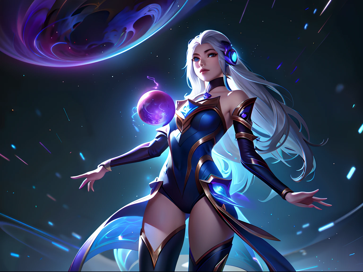 (Liga dos lendários:1.5),Astrid, o lançador de gráviton, is depicted in her arte inicial as a powerful and enigmatic force, exercendo suas habilidades de manipulação gravitacional com maestria. A cena se passa em um reino celestial, onde as estrelas e a energia cósmica iluminam a vastidão do espaço.

Astrid possui uma beleza sobrenatural, com cabelos brancos prateados que parecem brilhar com o brilho das estrelas distantes. Sua pele tem um leve brilho celestial, irradiando com o poder que ela comanda. Ela usa um elegante, traje futurista adornado com padrões intrincados que lembram constelações e campos gravitacionais. O terno abraça sua figura, enfatizando sua força e agilidade.

No centro das palmas das mãos, Astrid gera orbes de energia gravitacional, cada um pulsando com tons vibrantes de roxo e azul. Esses orbes de energia formam a base para suas habilidades gravitacionais. Cercando ela, orbes menores e filamentos de energia giram e orbitam, representando os campos gravitacionais que ela cria e manipula.

Os olhos de Astrid emitem um intenso, Olhar penetrante, brilhando com a mesma energia gravitacional que percorre seu. Sua expressão transmite foco e determinação, revelando seu controle inabalável sobre as forças que ela exerce.

The backdrop of the arte inicial showcases the vast expanse of space, cheio de galáxias e nebulosas distantes. Fios etéreos de energia gravitacional tecem através do cosmos, formando padrões intrincados e conectando corpos celestes. A cena cria uma sensação de admiração e admiração, enquanto Astrid aproveita as forças fundamentais do universo.

A paleta de cores é dominada por roxos profundos, blues, e negros, refletindo a natureza cósmica dos poderes de Astrid. Os orbes de energia vibrantes destacam-se contra o fundo escuro, adding a dynamic and captivating element to the arte inicial, arte inicial, linhas de corpo, cores vibrantes, detalhes requintados, cinematográfico, estação de arte, rosto detalhado, por rossdraws, por Kienan Laf,mãos normais,segurando bola,