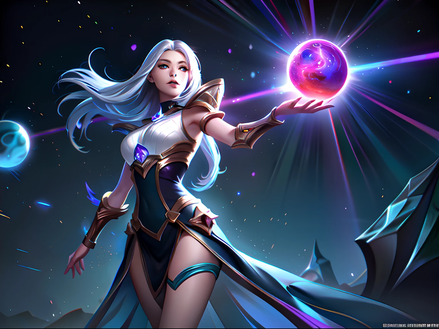 (League of Legends:1.5),astrid, el lanzador de gravitones, is depicted in her salpicar as a powerful and enigmatic force, ejerciendo sus habilidades de manipulación gravitacional con maestría. La escena tiene lugar en un reino celestial., donde las estrellas y la energía cósmica iluminan la inmensidad del espacio.

astrid possesses an otherworldly beauty, con un cabello suelto de color blanco plateado que parece brillar con el brillo de estrellas distantes. Su piel tiene un tenue brillo celestial., irradiando con el poder que ella ordena. Ella lleva un elegante, Traje futurista adornado con patrones intrincados que se asemejan a constelaciones y campos gravitacionales.. El traje abraza su figura., destacando su fuerza y agilidad.

En el centro de sus palmas, astrid generates orbs of gravitational energy, cada uno pulsando con vibrantes tonos de púrpura y azul. Estos orbes de energía forman la base de sus habilidades gravitacionales.. rodeándola, Orbes más pequeños y filamentos de energía giran y orbitan., representando los campos gravitacionales que ella crea y manipula.

astrid's eyes emit an intense, mirada penetrante, brillando con la misma energía gravitacional que la recorre. Su expresión transmite concentración y determinación., revelando su control inquebrantable sobre las fuerzas que ejerce.

The backdrop of the salpicar showcases the vast expanse of space, lleno de galaxias y nebulosas distantes. Hebras etéreas de energía gravitacional se tejen a través del cosmos, formando patrones intrincados y conectando cuerpos celestes. La escena crea una sensación de asombro y asombro., as astrid harnesses the fundamental forces of the universe.

La paleta de colores está dominada por los morados intensos., blues, y negros, reflecting the cosmic nature of astrid's powers. Los vibrantes orbes de energía se destacan sobre el fondo oscuro., adding a dynamic and captivating element to the salpicar, salpicar, líneas del cuerpo, colores vibrantes, detalles exquisitos, cinematográfico, estación de arte, cara detallada, por rossdraws, por Kienan Laf,manos normales,sosteniendo la pelota,