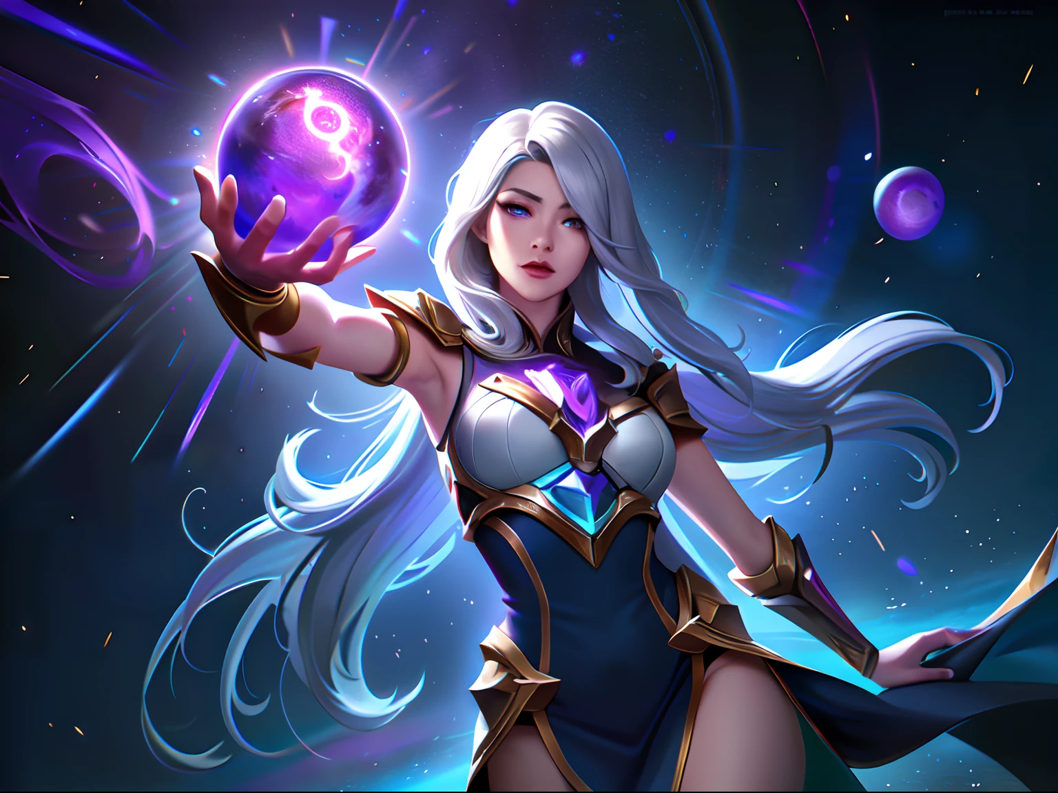 (League of Legends:1.5),Astrid, the Graviton Slinger, is depicted in her splashart as a powerful and enigmatic force, wielding her gravitational manipulation abilities with mastery. The scene takes place in a celestial realm, where stars and cosmic energy illuminate the vastness of space.

Astrid possesses an otherworldly beauty, with flowing silver-white hair that seems to shimmer with the brilliance of distant stars. Her skin has a faint celestial glow, radiating with the power she commands. She wears a sleek, futuristic suit adorned with intricate patterns that resemble constellations and gravitational fields. The suit hugs her figure, emphasizing her strength and agility.

In the center of her palms, Astrid generates orbs of gravitational energy, each pulsating with vibrant hues of purple and blue. These energy orbs form the foundation for her gravitational abilities. Surrounding her, smaller orbs and filaments of energy spin and orbit, representing the gravitational fields she creates and manipulates.

Astrid's eyes emit an intense, piercing gaze, glowing with the same gravitational energy that courses through her. Her expression conveys both focus and determination, revealing her unwavering control over the forces she wields.

The backdrop of the splashart showcases the vast expanse of space, filled with distant galaxies and nebulae. Ethereal strands of gravitational energy weave through the cosmos, forming intricate patterns and connecting celestial bodies. The scene creates a sense of awe and wonder, as Astrid harnesses the fundamental forces of the universe.

The color palette is dominated by deep purples, blues, and blacks, reflecting the cosmic nature of Astrid's powers. The vibrant energy orbs stand out against the dark backdrop, adding a dynamic and captivating element to the splashart, splashart, linhas de corpo, cores vibrantes, detalhes requintados, cinemactic, artstation, rosto detalhado, por rossdraws, por Kienan Laf,normal hands,holding ball,