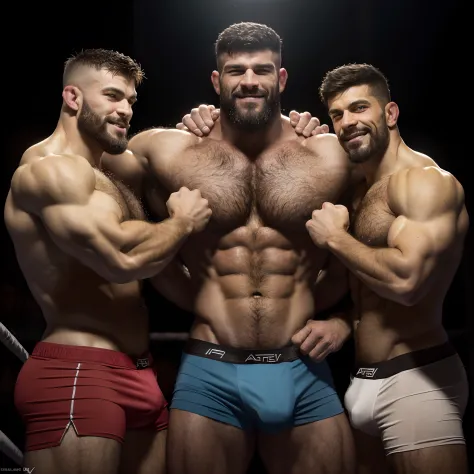 A three muscular Soviet Union mma fighters, hairy body, alpha male, huge biceps, ripped abs, shaggy hair, boxers, open arena, snuggle together, threesome, smile, 4k, high detailed, beautiful, dark age, art by Stanley artgerm, by Daniel f gerhartz, by pino ...