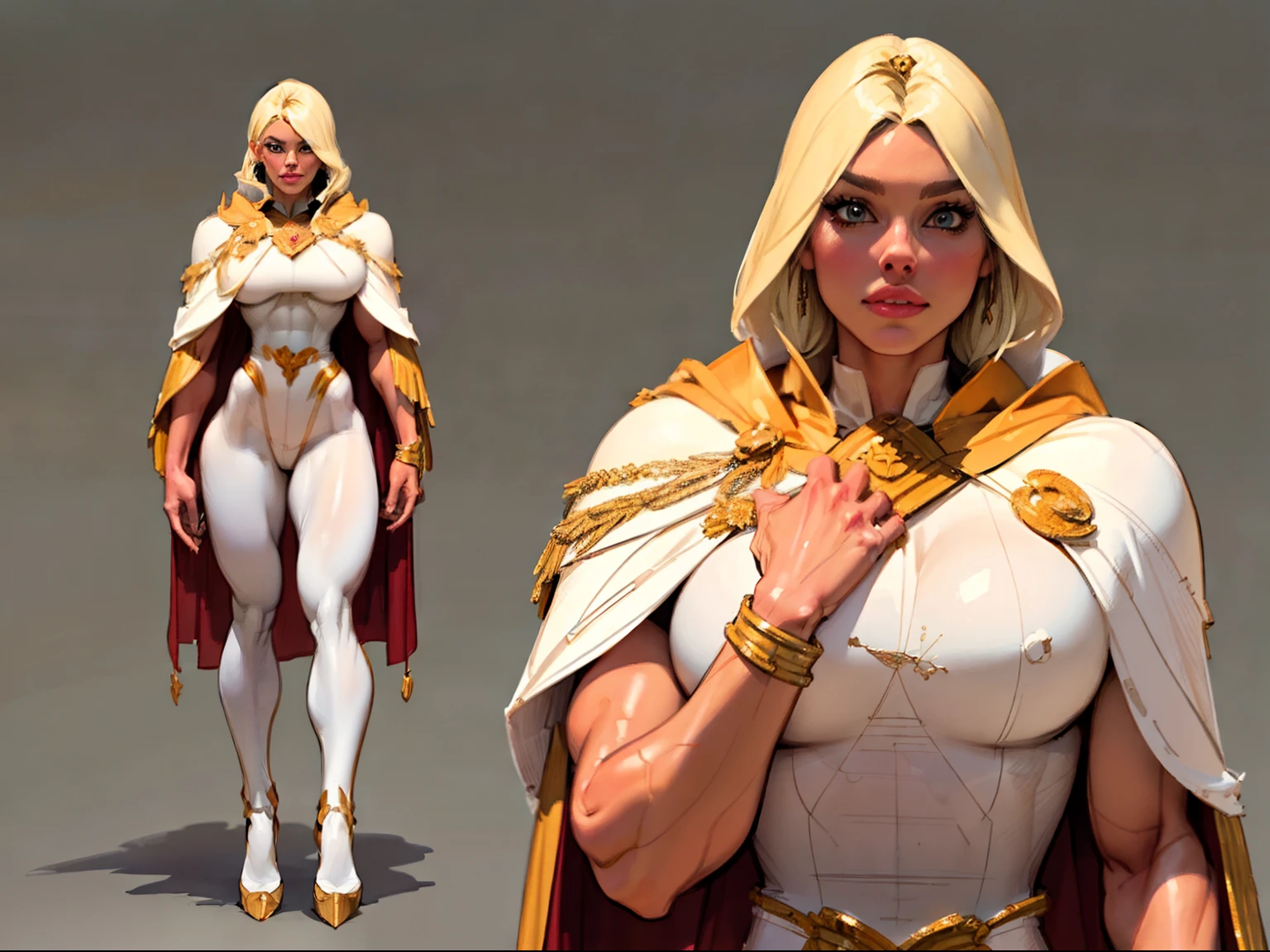 ((masterpiece)),(((best quality))),((character design sheet)), illustration,1woman, environment Scene change,  muscular, (white skin:1.4), white legs, thick legs, (royalty cape:1.5), scribbles and marks, fire, ((detailed face:1.1)), rough sketches, pose too, blonde and white color palette, 8k,16k, (simple background, light background: 1.3)