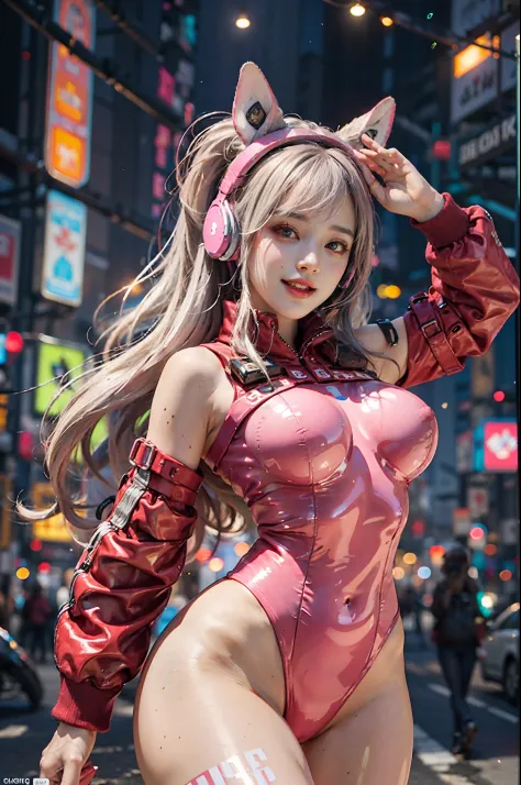 (RAW photo, Best quality, Masterpiece:1.2), (Realistic, photo-realistic:1.4),(Masterpiece:1.4),(Best quality:1.4),1girll, Solo, :D, Cat ear headphones, Arms up, bangs, Blush, tightsuit, Breasts, rabbit pose, Clothes writing, Cowboy shot, Cropped jacket, mi...