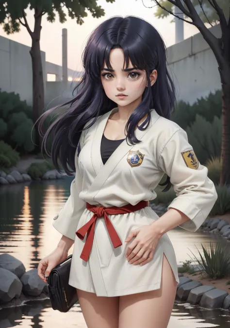 (Akanetendowaifu: 1), lindo, rostro cansado, ojos cerrados,(uniforme karate corto: 1.2),mujer dentro del estanque con agua, cabe...