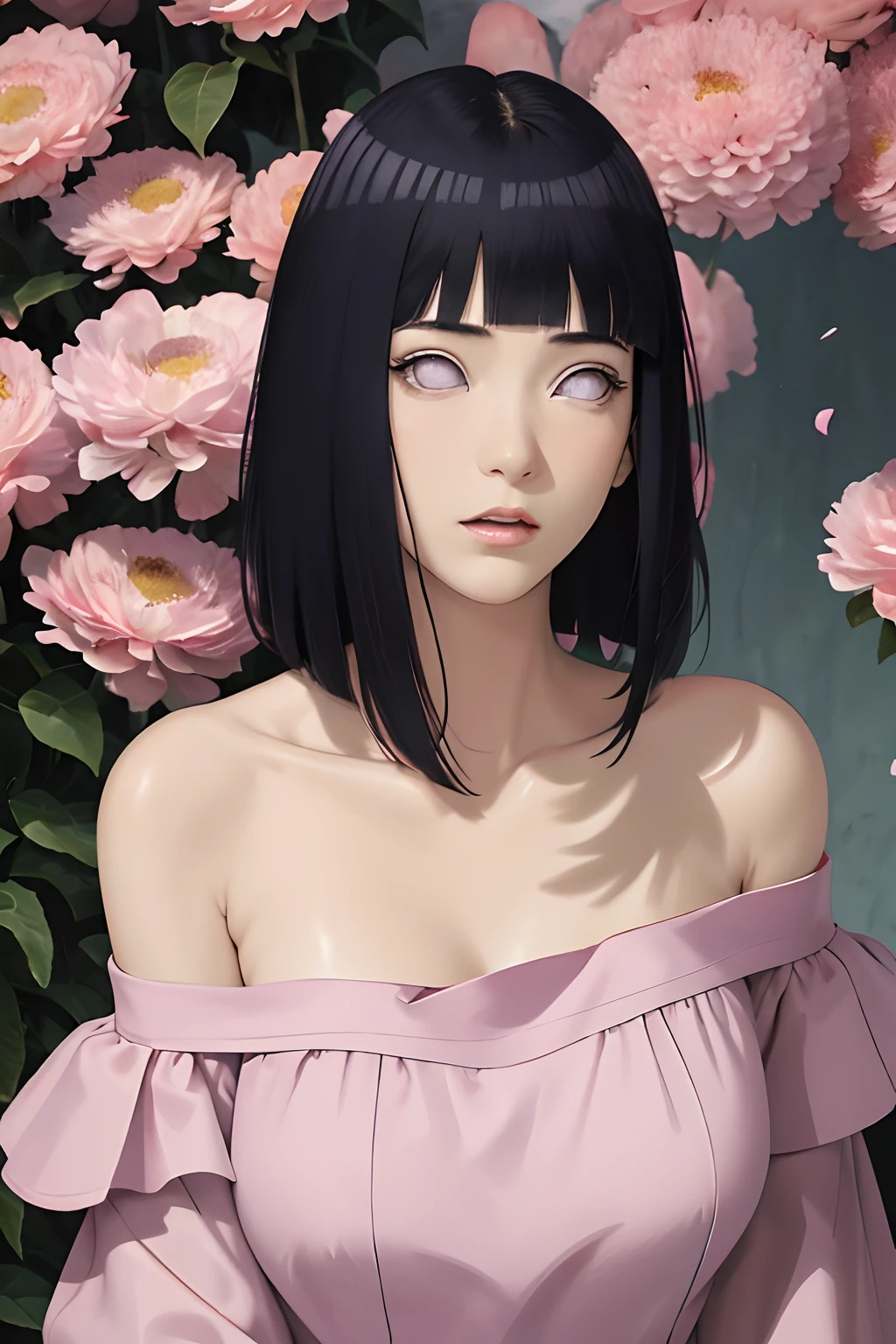 masterpiece, absurdres, hinata\(boruto\), 1girl, solo,mature female, off-shoulder oversized shirt, looking at viewer, (falling petals), perfect composition, detailed lips, big breast, beautiful face, body propotion, blush, (pink lips), long hair,  purple eyes,  soft gaze,  super realistic, detailed, photoshoot, realistic face and body, back view