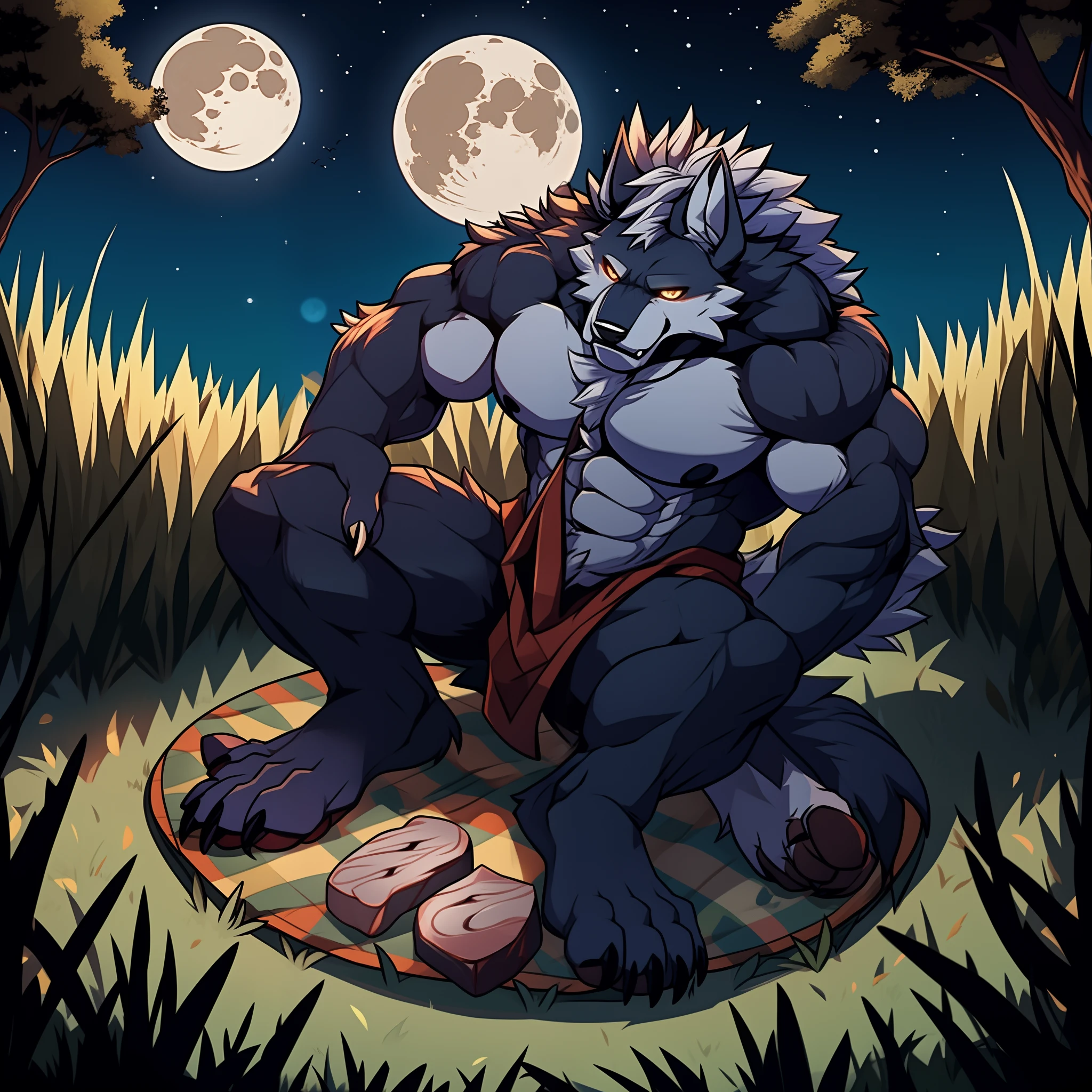 A cartoon picture of a werewolf sitting on a rug in the grass - SeaArt AI