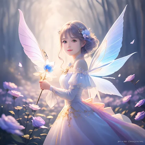 1 moon，Beautiful transparent flower fairy, Transparent colorful wings, The wand flutters in the wind､The wand flashed with starl...