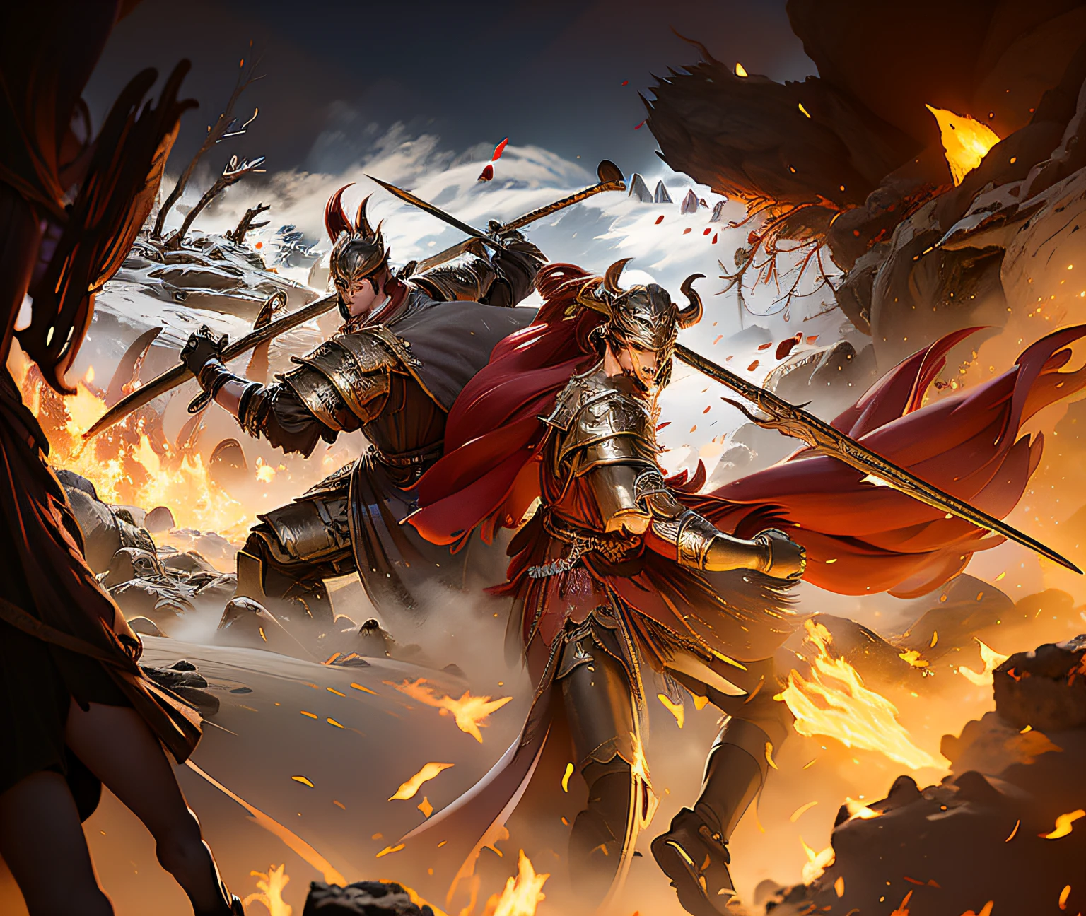 There are two men in armor fighting with swords in the fire, Epic fantasy digital art style, yiqiang and shurakrgt, Epic fantasy battles, by Yang J, Official Splash Art, high detailed official artwork, Battle of Dreams, epic battle scene, epic fantasy game art, heroic battle scene, 2. 5 D CGI anime fantasy artwork, key art