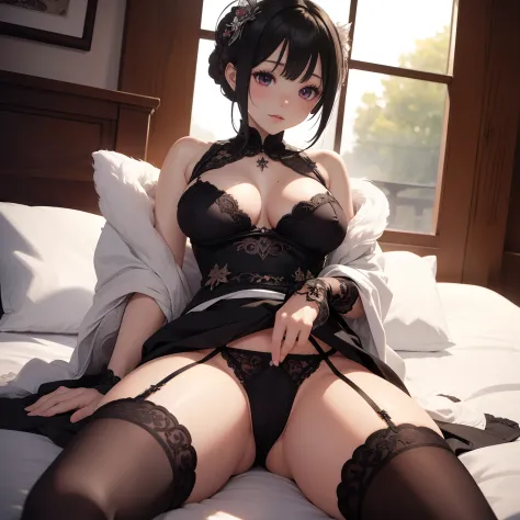 ((Best quality)), ((Masterpiece)), ((Ultra-detailed)), (illustration), (Detailed light), (An extremely delicate and beautiful),A charming young girl,Dramatic perspective,Footjob,lacy stockings,NSFW,huge tit