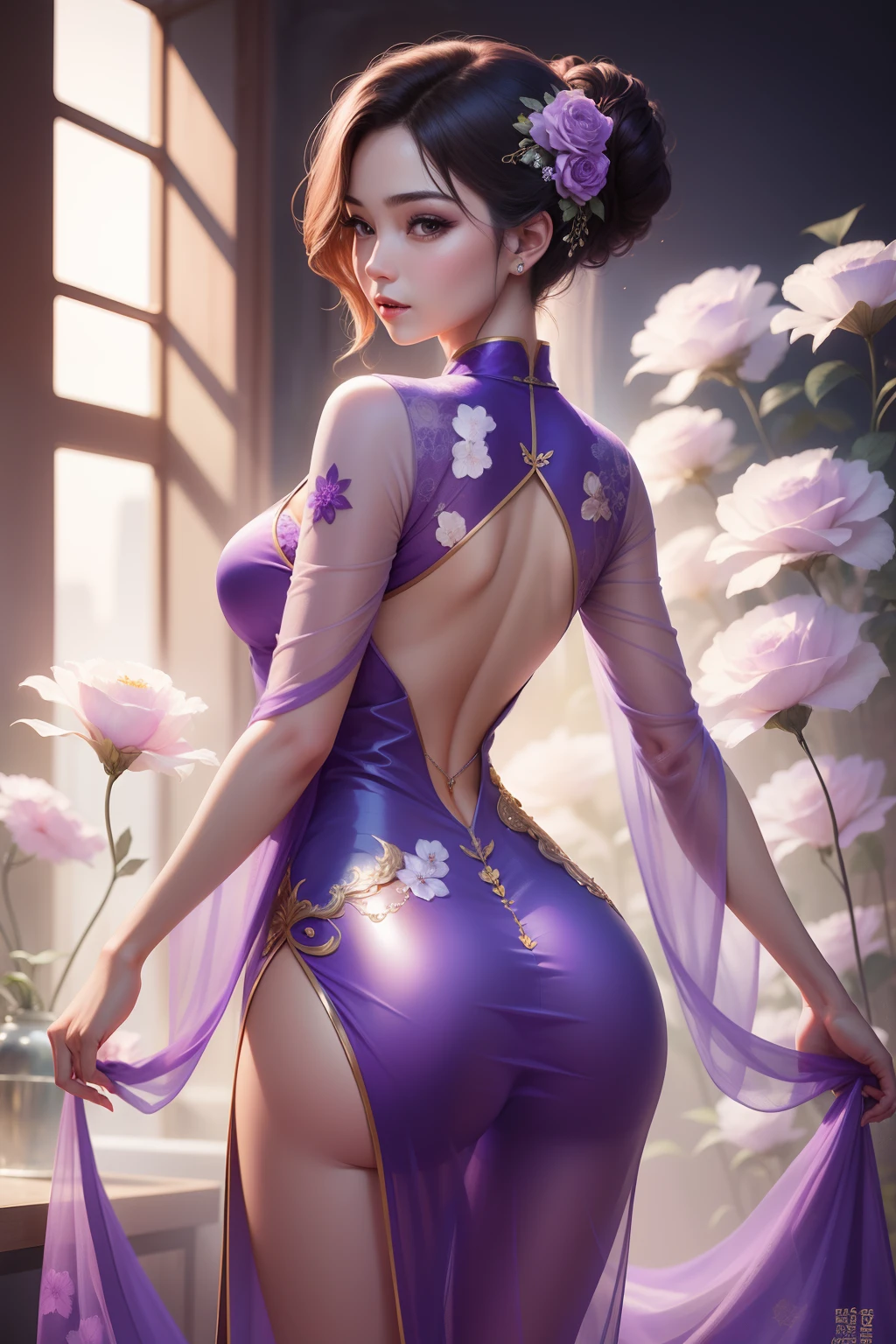Butt to the camera，A woman of outstanding figure，Wearing a purple cheongsam，Transparent body，fresh flowers，jewely，Amazing work，Vitreous luster