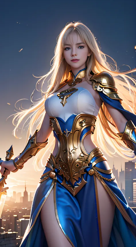 A majestic paladin in golden armor, Wielding a sword full of light, And holding a giant golden shield. The paladin's blue eyes g...