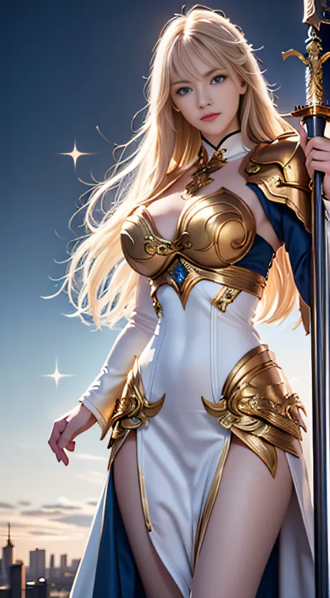 A majestic paladin in golden armor, Wielding a sword full of light, And holding a giant golden shield. The paladin's blue eyes g...