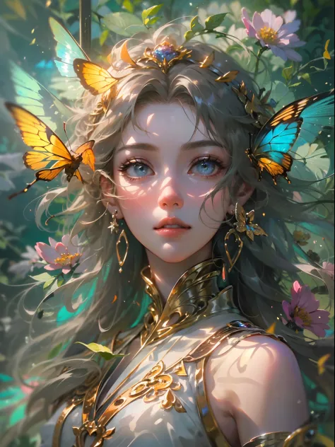 (((Masterpiece))), (((Best quality))), ((Ultra-detailed)),(Highly detailed CG illustration), ((An extremely delicate and beautiful)),Cinematic light, Create stunning fantasy artwork，fairy fantasy，the Flower Fairy，Transparent butterfly wings，Fairy stick，Lot...