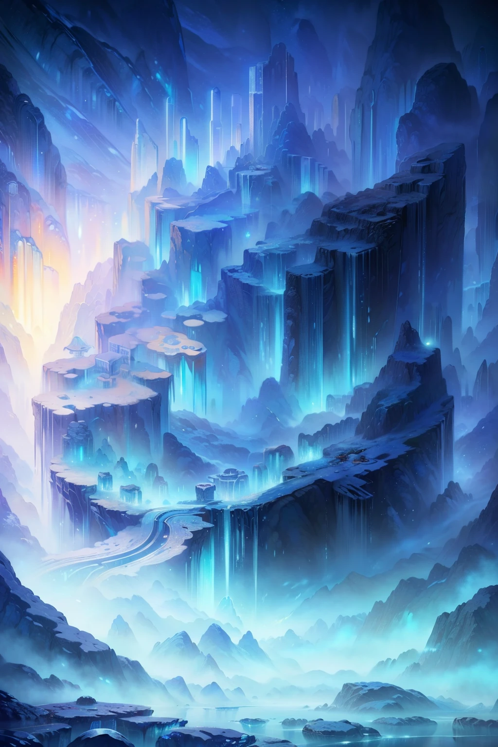 A new world of icy landscapes,drak，Science fiction, 4K, High quality, illusory engine, Fantasy art ,Clean design, Epic Instagram, art  stations, contours, hyper detailed intricately detailed, illusory engine, Fantastical, intricately details, Splash screen, Complementary colors, fantasy concept art, 8K resolution, Deviantart's masterpiece,