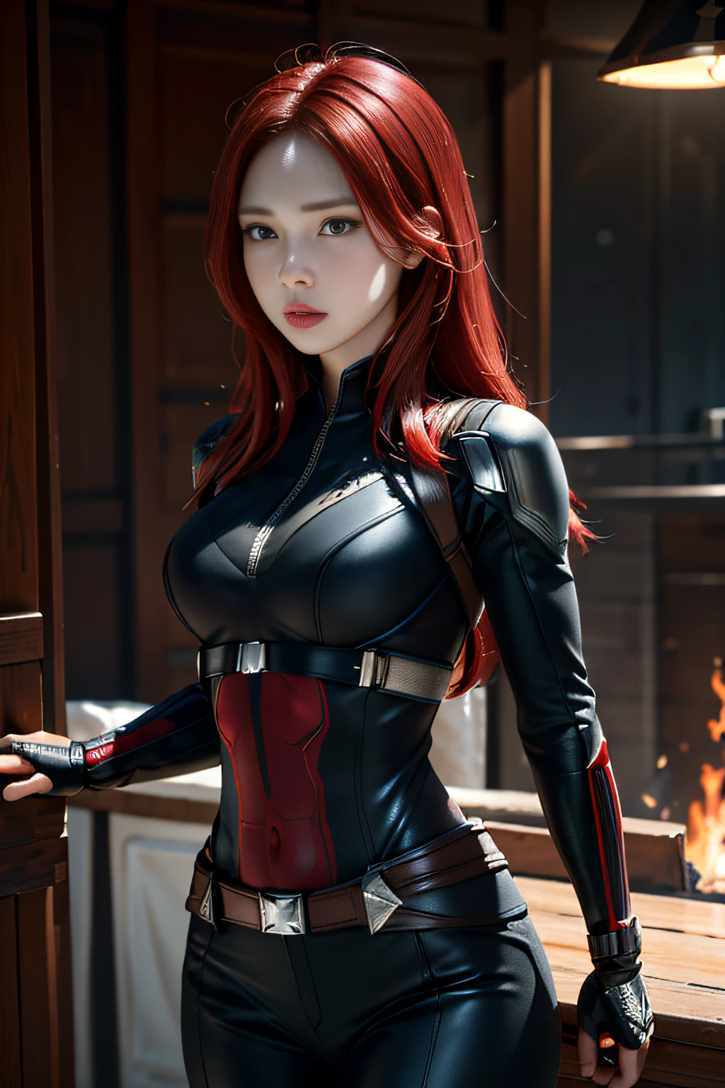 1girl, masterpiece, best quality, 8k, detailed skin texture, detailed cloth texture, beautiful detailed face, intricate details, ultra detailed, Black Widow in the style of the Captain America, straight red hair, dynamic pose