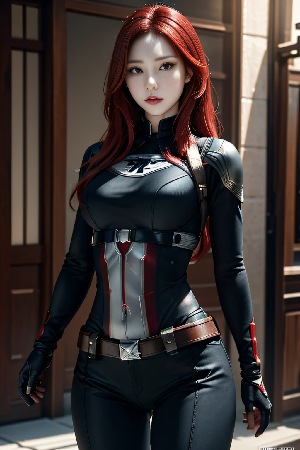 1 chica, Obra maestra, mejor calidad, 8k, textura de piel detallada, textura de tela detallada, hermoso rostro detallado, detalles intrincados, Ultra detallado, Black Widow al estilo del Capitán América, pelo rojo liso, pose dinámica