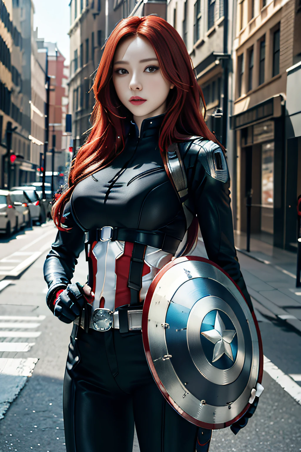 1girl, tmasterpiece, Best quality at best, 8k, detailed skin textures, Detailed cloth texture, Beautiful detailed face, intricately details, ultra - detailed, Black Widow in Captain America style,Holding a U.S. team shield in his hand， Straight red hair, dynamicposes，Urban street background，Wide angle background，