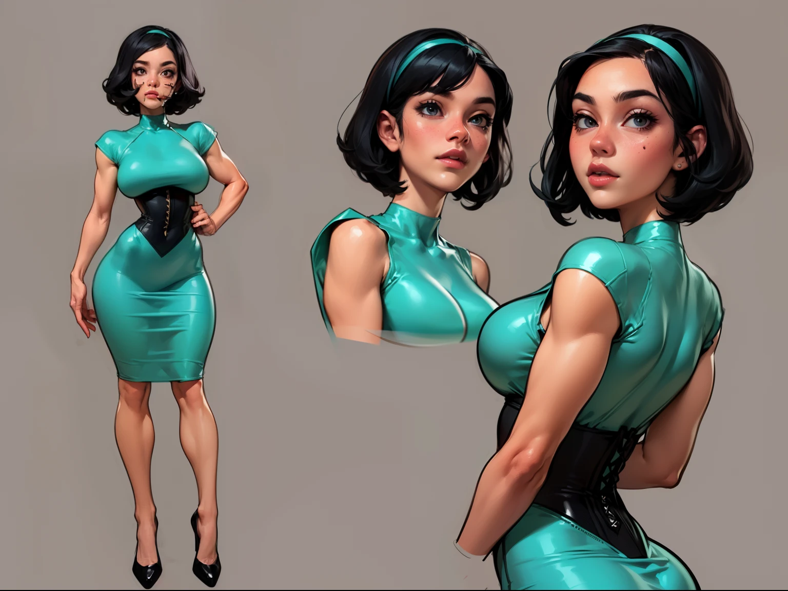 ((masterpiece)),(((best quality))),((character design sheet)), ((full body view)) illustration,1girl, muscular, ((tight mintgreen dress:1.4)), buttercup, (mintgreen hairband:1.4),(dark black hair:1.3), greendress ((detailed face:1.4)) beautiful woman, slick bobcut, (black corset:1.1)shiny skin, thick legs, scribbles and marks, (puffy lips:1.2), rough sketches, pose, 8k,16k, (simple background, white background: 1.3)