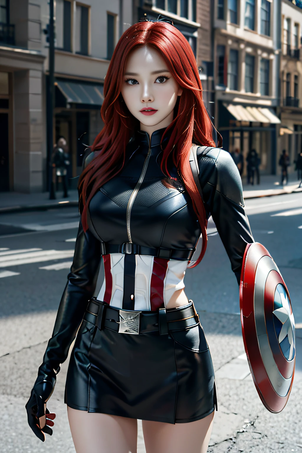 1girl, tmasterpiece, Best quality at best, 8k, detailed skin textures, Detailed cloth texture, Beautiful detailed face, intricately details, ultra - detailed, Black Widow in Captain America style,Holding a U.S. team shield in his hand， Straight red hair, dynamicposes，Urban street background，Wide angle background，