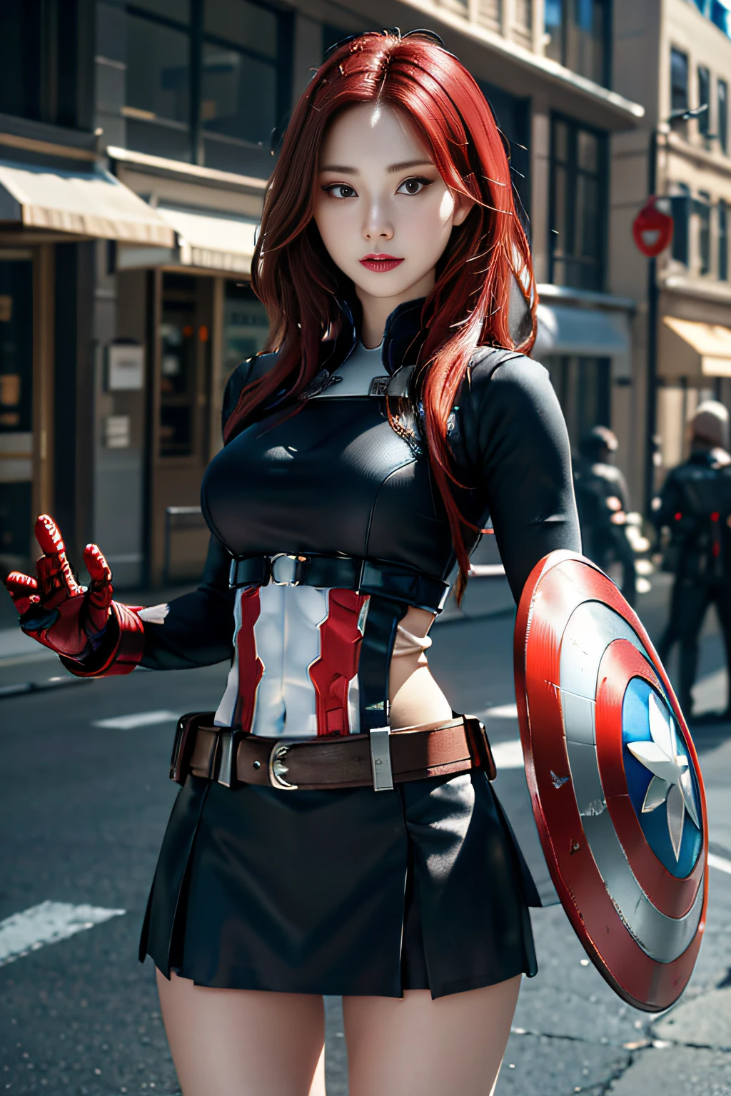 1girl, tmasterpiece, Best quality at best, 8k, detailed skin textures, Detailed cloth texture, Beautiful detailed face, intricately details, ultra - detailed, Captain America style black widow short skirt,Holding a U.S. team shield in his hand， Straight red hair, dynamicposes，Urban street background，Wide angle background，