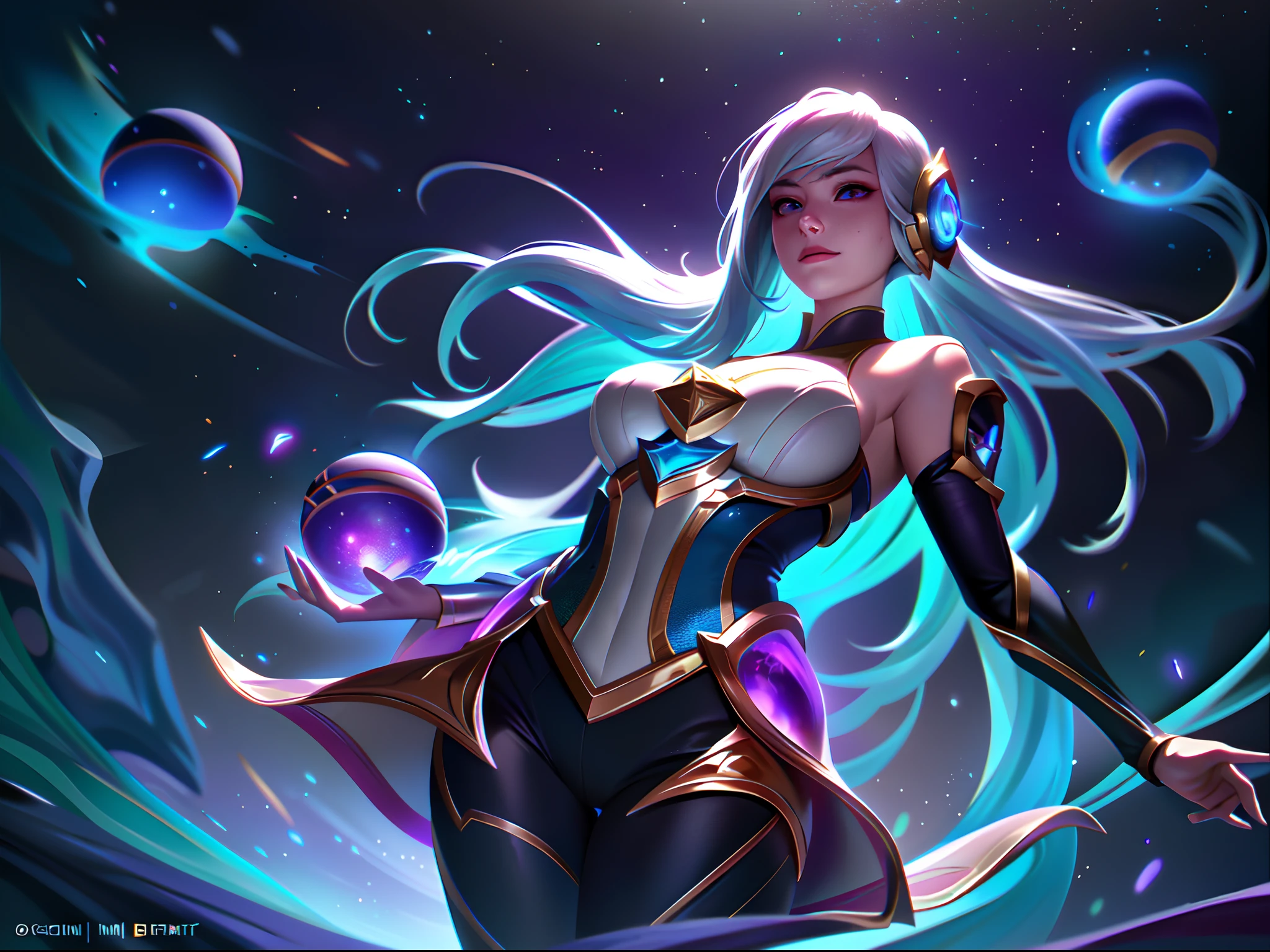 (League of Legends:1.5),Astrid, the Graviton Slinger, is depicted in her splashart as a powerful and enigmatic force, wielding her gravitational manipulation abilities with mastery. The scene takes place in a celestial realm, where stars and cosmic energy illuminate the vastness of space.

Astrid possesses an otherworldly beauty, with flowing silver-white hair that seems to shimmer with the brilliance of distant stars. Her skin has a faint celestial glow, radiating with the power she commands. She wears a sleek, futuristic suit adorned with intricate patterns that resemble constellations and gravitational fields. The suit hugs her figure, emphasizing her strength and agility.

In the center of her palms, Astrid generates orbs of gravitational energy, each pulsating with vibrant hues of purple and blue. These energy orbs form the foundation for her gravitational abilities. Surrounding her, smaller orbs and filaments of energy spin and orbit, representing the gravitational fields she creates and manipulates.

Astrid's eyes emit an intense, piercing gaze, glowing with the same gravitational energy that courses through her. Her expression conveys both focus and determination, revealing her unwavering control over the forces she wields.

The backdrop of the splashart showcases the vast expanse of space, filled with distant galaxies and nebulae. Ethereal strands of gravitational energy weave through the cosmos, forming intricate patterns and connecting celestial bodies. The scene creates a sense of awe and wonder, as Astrid harnesses the fundamental forces of the universe.

The color palette is dominated by deep purples, blues, and blacks, reflecting the cosmic nature of Astrid's powers. The vibrant energy orbs stand out against the dark backdrop, adding a dynamic and captivating element to the splashart, splashart, linhas de corpo, cores vibrantes, detalhes requintados, cinemactic, artstation, rosto detalhado, por rossdraws, por Kienan Laf,normal hands,holding ball,