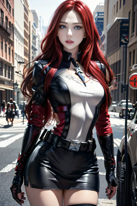 1girll, tmasterpiece, Best quality at best, 8K, detailed skin textures, Detailed cloth texture, Beautiful detailed face, intricately details, ultra - detailed, Captain America's Black Widow,Take a U.S. Team shield in his hand， Straight red hair, dynamicpos...