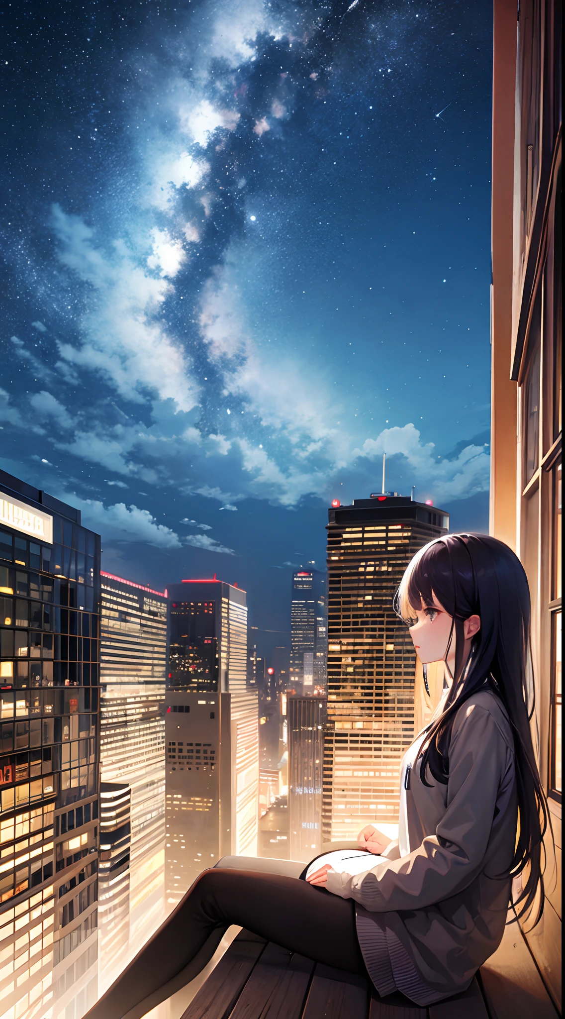 octans, sky, star (sky), scenery, starry sky, night, 1girl, night sky, solo, outdoors, building, cloud, milky way, sitting, tree, long hair, city, silhouette, cityscape,8k resolution