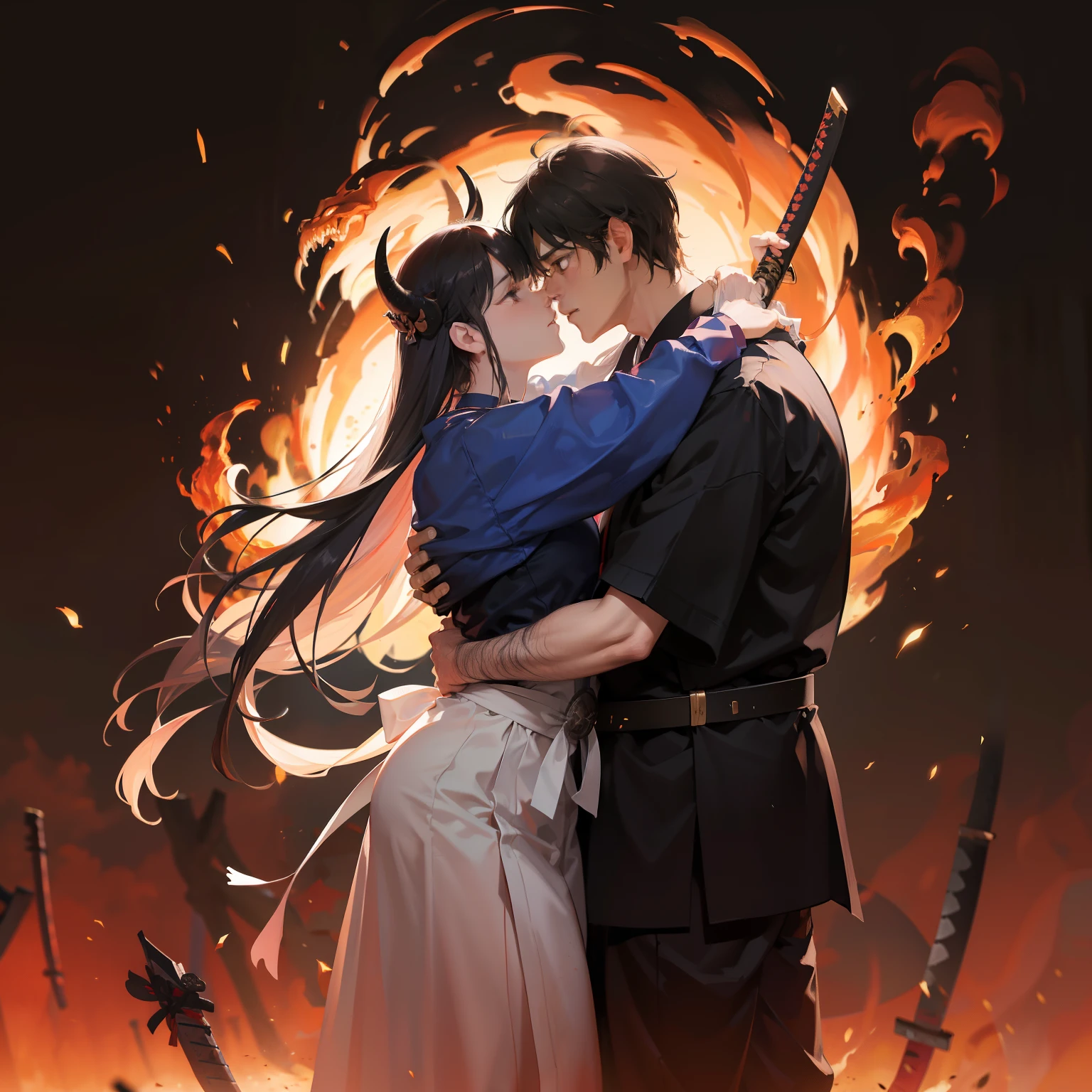 Couple, human man,man long hair, man tail, warrior, samurai, samurai suit, ,katana,demon girl, black long hair, hug, fire background, forest background