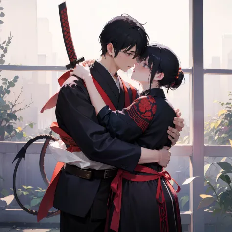 Couple, human man, warrior, samurai, samurai suit, demon girl, black hair, hug