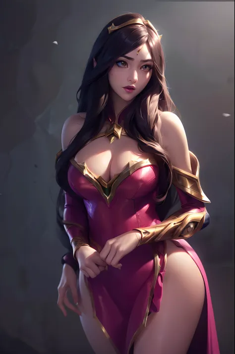 (League of Legends:1.5), 1girl, long hair, solo, dress, petals, hair ornament, pink dress, brown hair, bare shoulders, black hair, very long hair, veil, jewelry, see-through, off shoulder
high res,an extremely delicate and beautiful,huge_filesize,(realisti...